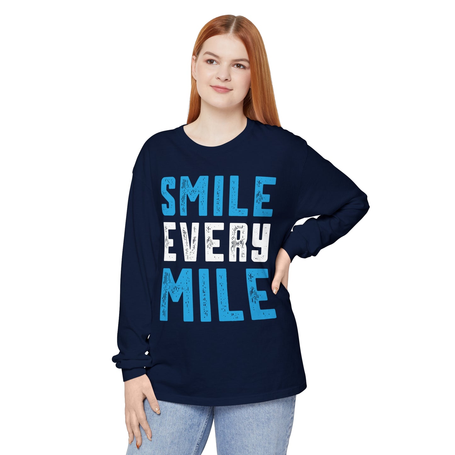Smile Every Mile Unisex Garment-Dyed Long Sleeve T-Shirt / Long Sleeve Running T-Shirt