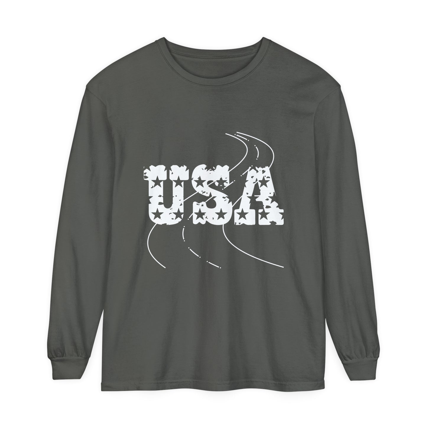 ontherun USA Unisex Garment-Dyed Long Sleeve T-Shirt / Patriotic Long Sleeve T-Shirt / USA T-Shirt / Running T-Shirt