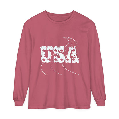 ontherun USA Unisex Garment-Dyed Long Sleeve T-Shirt / Patriotic Long Sleeve T-Shirt / USA T-Shirt / Running T-Shirt