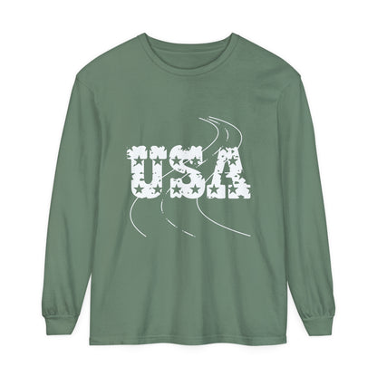 ontherun USA Unisex Garment-Dyed Long Sleeve T-Shirt / Patriotic Long Sleeve T-Shirt / USA T-Shirt / Running T-Shirt