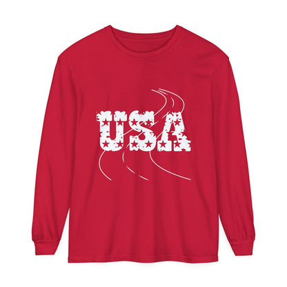 ontherun USA Unisex Garment-Dyed Long Sleeve T-Shirt / Patriotic Long Sleeve T-Shirt / USA T-Shirt / Running T-Shirt