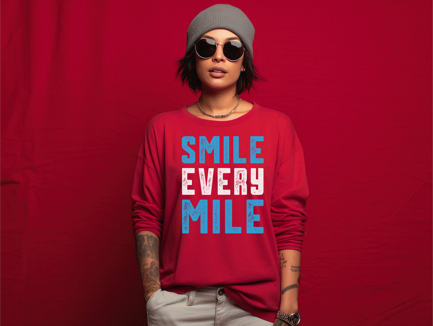 Smile Every Mile Unisex Garment-Dyed Long Sleeve T-Shirt / Long Sleeve Running T-Shirt